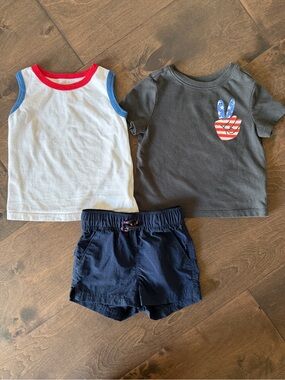 Old Navy Patriotic Gray Tee, White Tank & Navy Shorts Set